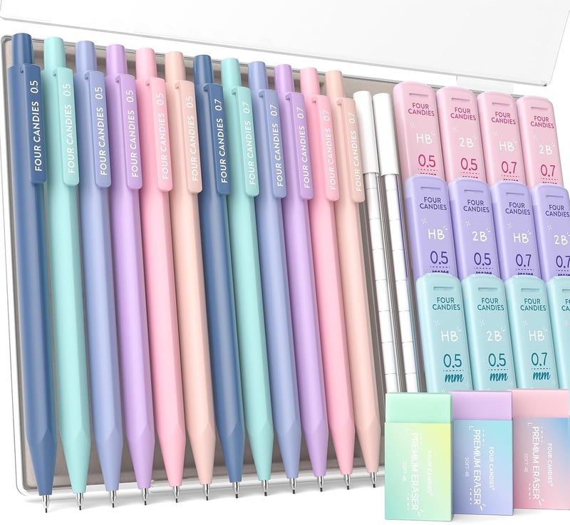Four Candies Mechanical Pencil Set, with 0.5 & 0.7mm Lead Refills (HB & 2B), Pastel Erasers & Eraser Refills, 29-Count Pack with Case, Cute Aesthetic School Supplies for Writing, Drawing, Sketching - Image 1